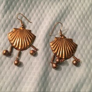Vintage Brass or Copper Seashells Dangling w/ Bell Earrings